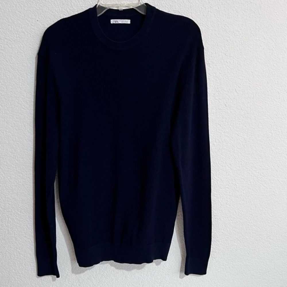 Zara Navy Blue Textured Knit Crew Neck Pullover Sweater Large